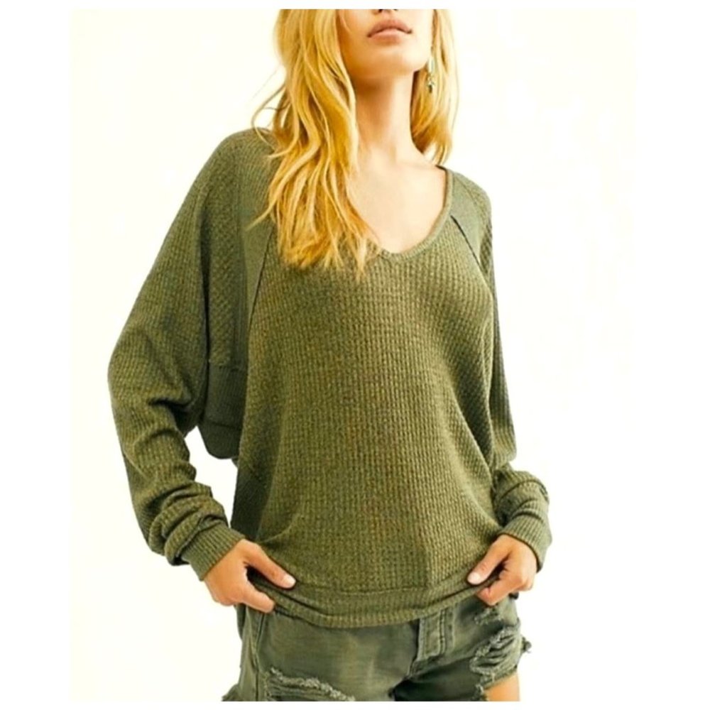 Free People Santa Clara Rib Knit Waffle Thermal Top Ferngully NEW WITH TAGS